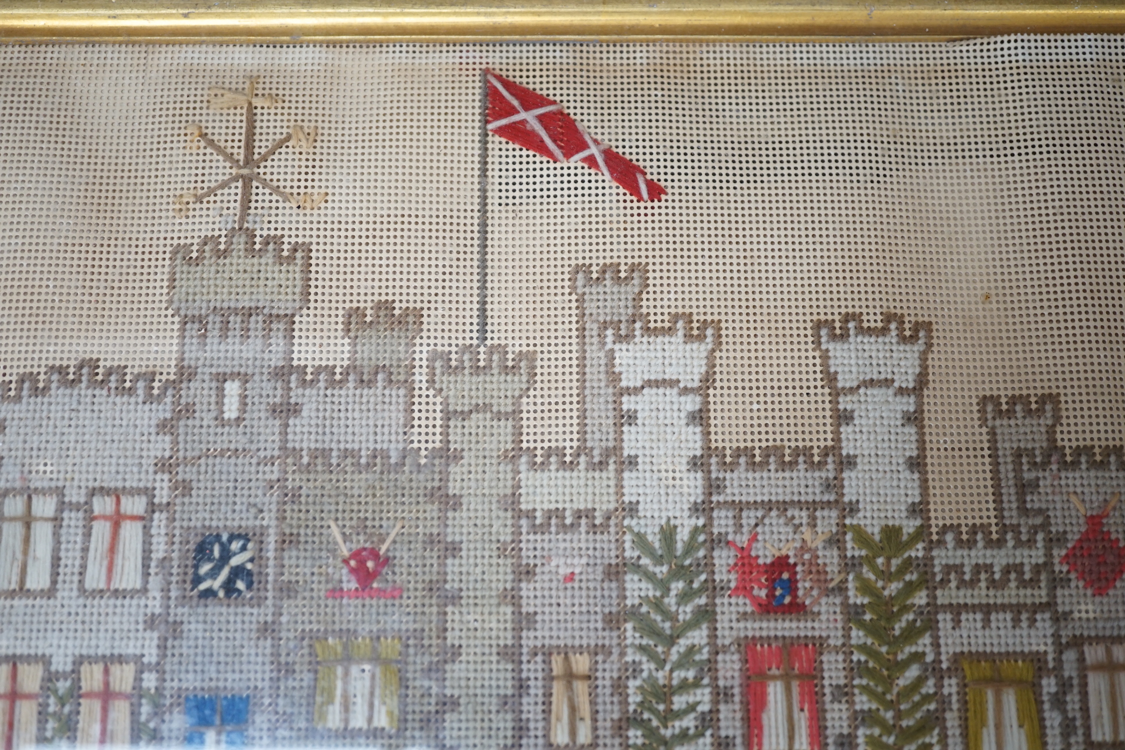 A Victorian woolwork and silk embroidery, 'Windsor Castle', maple framed, 37x55cm including frame